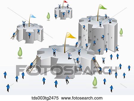 Stock Photography - Businessmen Climbing A Large Saw Wheel On Ladders. Fotosearch