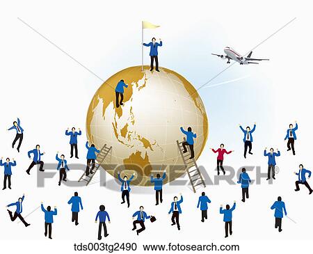 Stock Image - Businessmen Climbing Towards Top Of Globe. Fotosearch