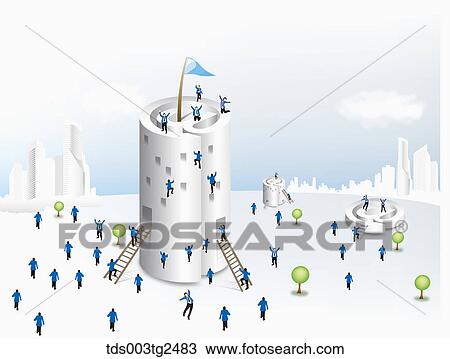 Stock Image - Businessmen Climbing Towers Of @ And Trees. Fotosearch