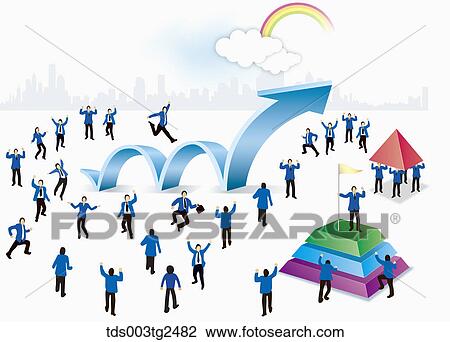 Stock Image - Businessmen With Blue Arrow And Layers Of Pyramid. Fotosearch