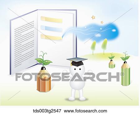 Stock Photo - Character With An Open Book And Pencil Sprouts. Fotosearch