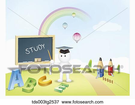 Stock Photo - Character With Blackboard And Rainbow. Fotosearch