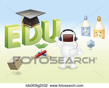 Stock Image - Character With Pencils And Graduation Cap. Fotosearch
