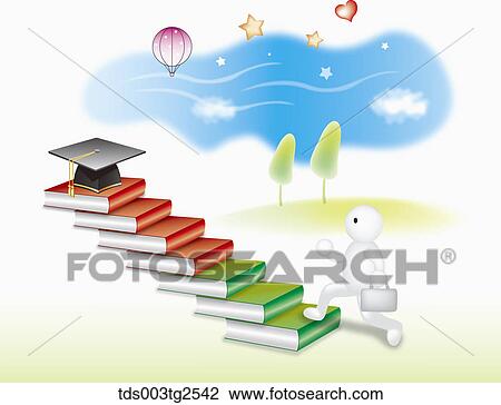 Stock Image - Charater Going Towards Gradution Cap On Top Of Book Stairs . Fotosearch
