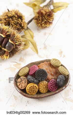Colorful Korean dessert with chestnuts behind View Large Photo Image Stock Photo - Colorful Korean dessert with chestnuts behind. Fotosearch
