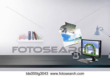 Desk With Computer And A Telephone View Large Photo Image Stock Image - Desk With Computer And A Telephone. Fotosearch
