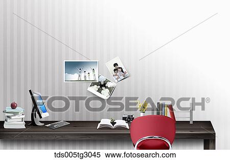 Stock Photography - Desk With Computer And Red Chair. Fotosearch