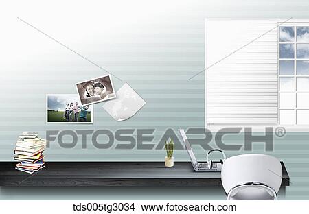 Desk With Laptop, Headphone And A Blind View Large Photo Image Picture - Desk With Laptop, Headphone And A Blind. Fotosearch