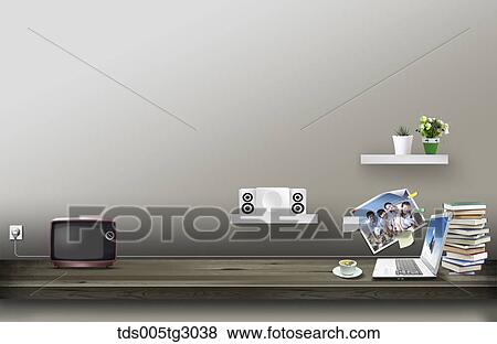 Stock Photo - Desk With Laptop, Television And Stereo. Fotosearch