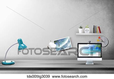 Desk With Monitor And Blue Lamp View Large Photo Image Stock Photo - Desk With Monitor And Blue Lamp. Fotosearch