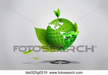 Stock Photo - Globe Of Green Grasses And Leaves Floating Above Recycle Symbol. Fotosearch