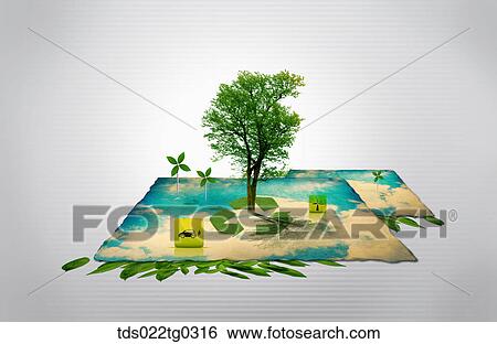 Stock Photograph - Green Tree And Recycle Symbol On A Torn Paper Of Sky. Fotosearch