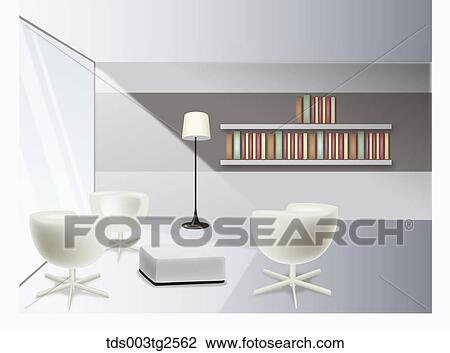 Stock Image - Interior Of Chairs, Lamp And Books On Shelf. Fotosearch