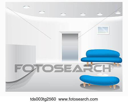 Stock Image - Interior Of Table And Blue Sofas. Fotosearch