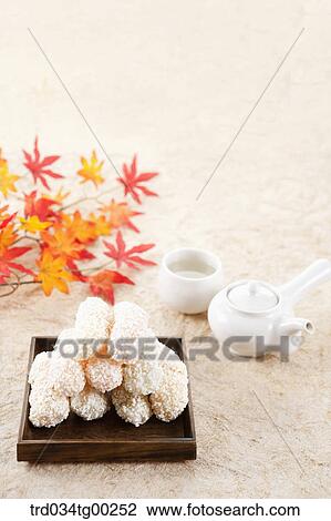 Korean dessert with tea setting and colored leaves View Large Photo Image Stock Image - Korean dessert with tea setting and colored leaves. Fotosearch
