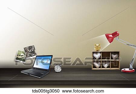 Stock Image - Laptop, Red Lamp And An Alarm Clock. Fotosearch