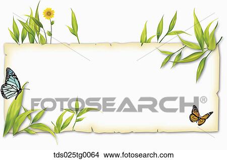 Picture - Memo With Green Leaves And Butterflies. Fotosearch