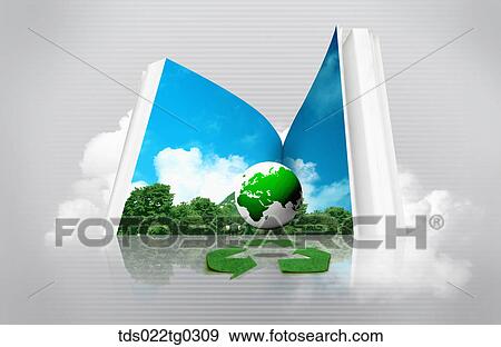 Open Book Of Forest And Green Globe Floating Above Recycle Symbol View Large Photo Image Stock Photo - Open Book Of Forest And Green Globe Floating Above Recycle Symbol. Fotosearch