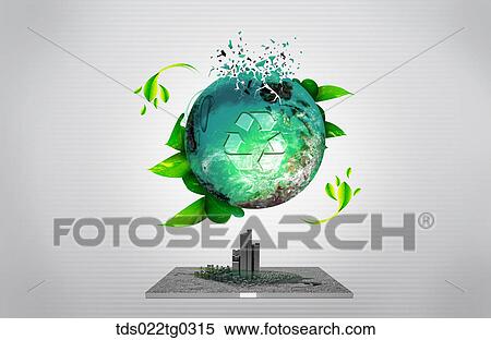 Shattering Green Globe Floating Above A City Of Large Buildings View Large Photo Image Stock Photography - Shattering Green Globe Floating Above A City Of Large Buildings. Fotosearch