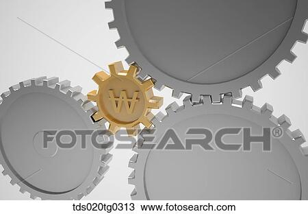 Stock Image - The gold won toothed wheel engaged with other toothed wheels. Fotosearch