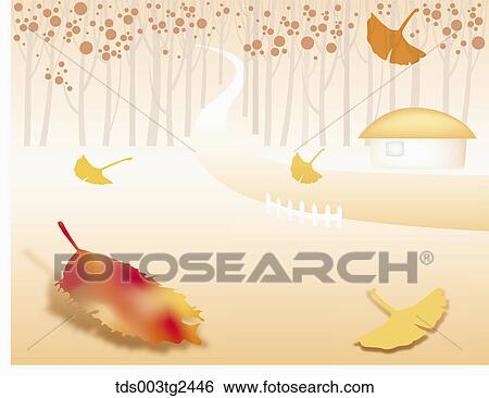Stock Photograph - The image of colored leaves and town in the fall. Fotosearch