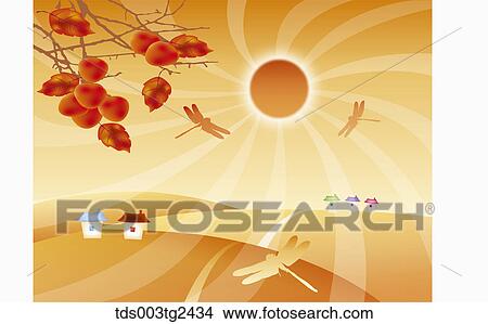 Picture - The image of colored leaves, dragon flies and town in the fall. Fotosearch