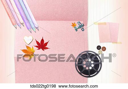 Stock Photo - The image of letter, flim, colored leaves, and pencils. Fotosearch
