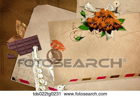 Stock Image - The image of letter, flowers, chocolate, and a flute. Fotosearch