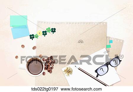 Stock Photo - The image of letter, glasses, pencil and a cup of coffee. Fotosearch