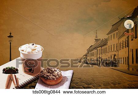 Picture - The image of street, coffee and donut. Fotosearch