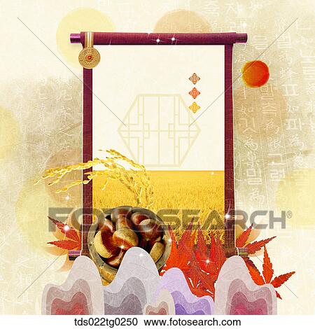 Stock Image - The image of traditional pattern with chestnut and colored leaves . Fotosearch
