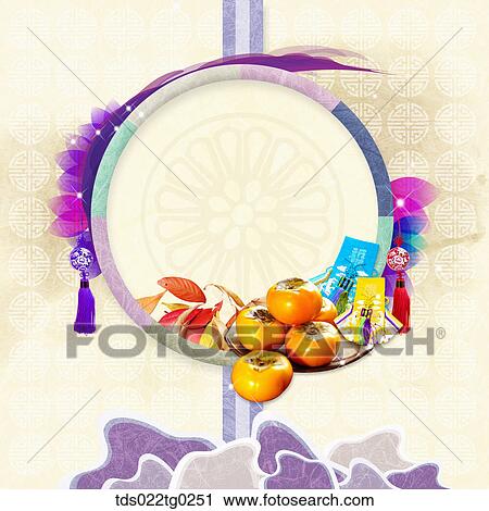 Stock Image - The image of traditional pattern with persimmon and lucky bag. Fotosearch