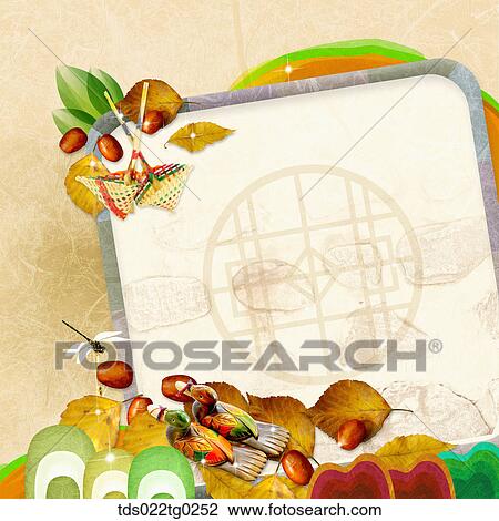 Stock Image - The image of traditional pattern with jujube, wooden geese, and strainer. Fotosearch