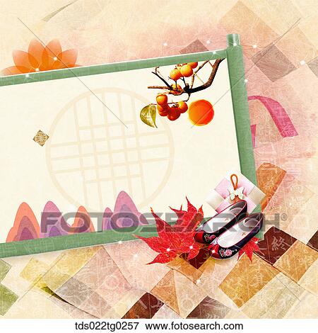 Stock Photo - The image of traditional pattern with colored leaves, traditional shoes, and persimmon. Fotosearch