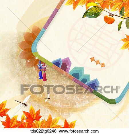 The image of traditional pattern with colored leaves and persimmon decoration View Large Photo Image Stock Photograph - The image of traditional pattern with colored leaves and persimmon decoration. Fotosearch