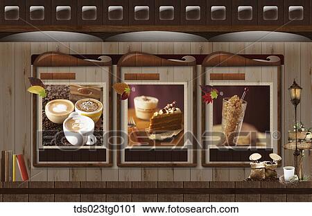 Stock Image - Three Frames Of Cafe Foods And Drinks In Brown. Fotosearch