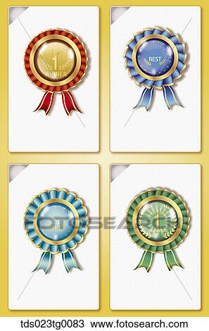 Stock Image - Various Types Of Gold Award Medals In Various Shapes. Fotosearch