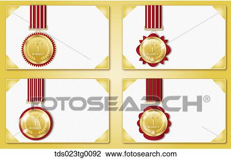 Stock Image - Various Types Of Gold Award Medals In Various Shapes. Fotosearch