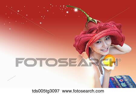 Woman With Orange Wearing Red Flower Hat View Large Photo Image Stock Photo - Woman With Orange Wearing Red Flower Hat. Fotosearch