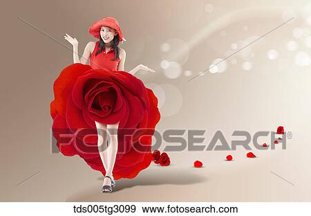 Stock Photo - Woman With Red Hat, Top And Rose Skirt. Fotosearch