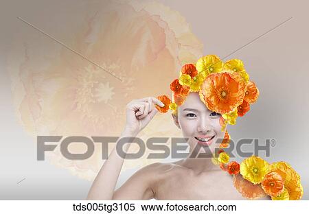 Woman With Yellow And Orange Flowers On Head And Shoulder View Large Photo Image Stock Photography - Woman With Yellow And Orange Flowers On Head And Shoulder. Fotosearch