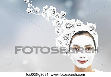 Stock Image - Woman'S Face Covered With White Mask, Wearing Hat Of White Roses. Fotosearch