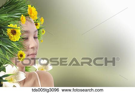 Woman'S Face Surrounded By Yellow And White Flowers View Large Photo Image Stock Photograph - Woman'S Face Surrounded By Yellow And White Flowers. Fotosearch