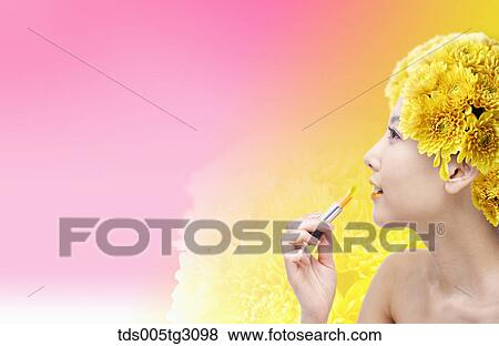 Woman'S Head Covered With Yellow Flowers With Yellow Lipstick View Large Photo Image Stock Photo - Woman'S Head Covered With Yellow Flowers With Yellow Lipstick. Fotosearch