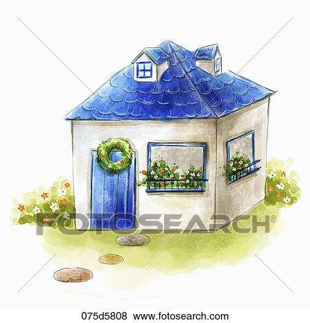 青 屋根 そして ドア 家 で 花 ブッシュ のまわり イラスト 075d5808 Fotosearch