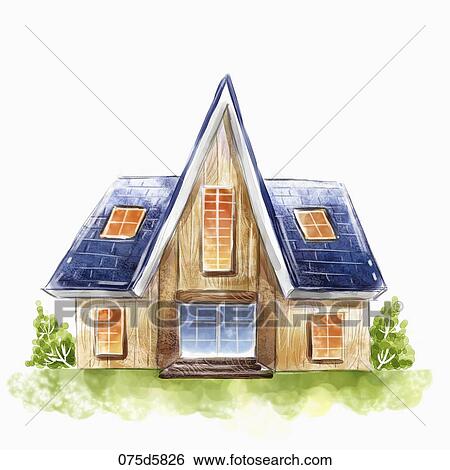 青 屋根 木製の家 で 緑の木 のまわり イラスト 075d56 Fotosearch
