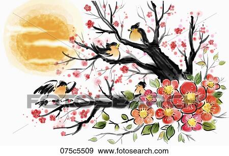 韓国語 かささぎ 上に 赤 花 木 で 満月 イラスト 075c5509 Fotosearch