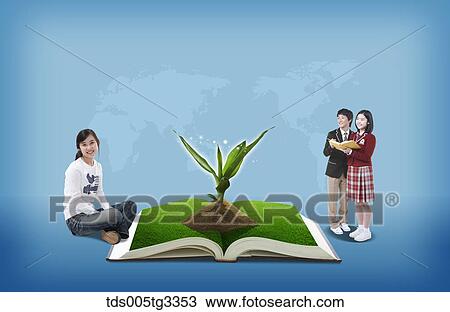 Drawing - A boy and girl holding a book and smiling girl next to the green book. Fotosearch