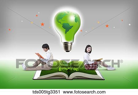 A boy and girl sitting on green book with education block and green bulb View Large Illustration Clip Art - A boy and girl sitting on green book with education block and green bulb. Fotosearch