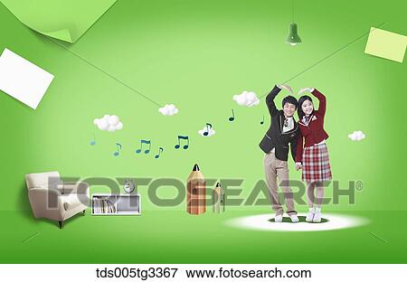 A boy and girl student making heart with the note, pencil, bookshelf, sofa around View Large Illustration Stock Illustration - A boy and girl student making heart with the note, pencil, bookshelf, sofa around. Fotosearch